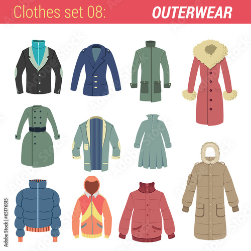 Outerwear vector icon set. Jacket, coat, hoody etc.