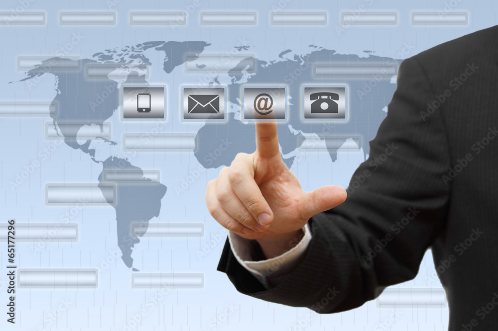 Businessman pressing virtual ( mail,phone,email ) buttons. suppo Businessman pressing virtual ( mail,phone,email ) buttons. suppo