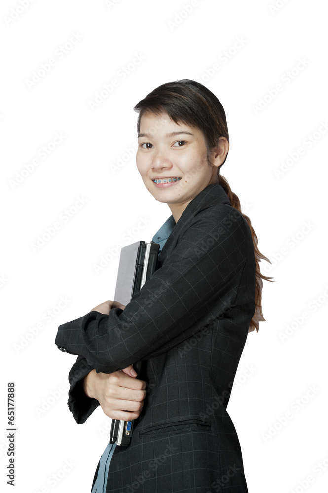 Business woman and laptop - isolated over a white background Business woman and laptop - isolated over a white background