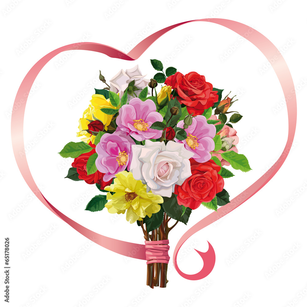 bouquet of roses with a pink ribbon