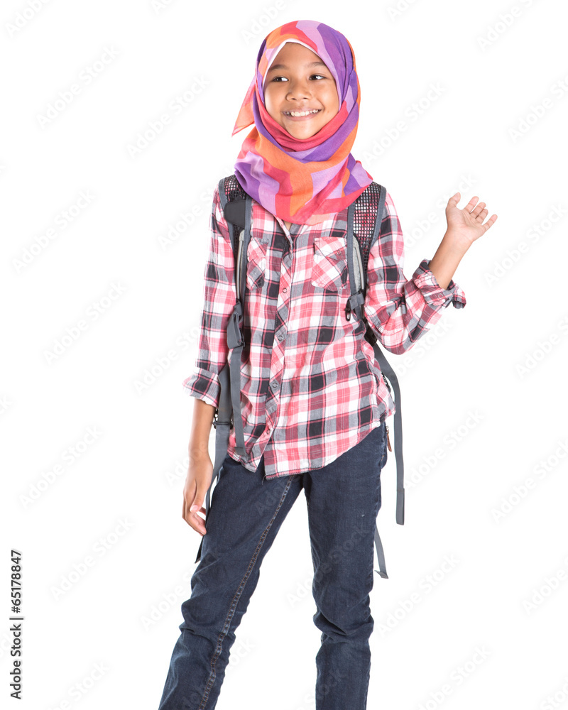 Young Asian Muslim girl with head scarf and backpack over white Young Asian Muslim girl with head scarf and backpack over white