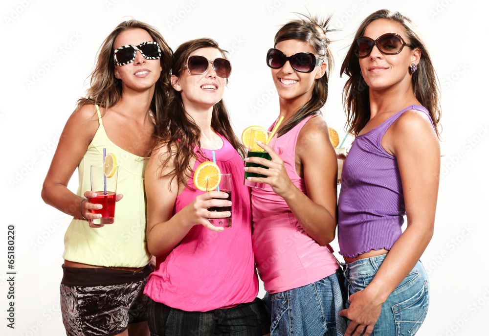 four girls with a drink, portrait in studio, white background four girls with a drink, portrait in studio, white background