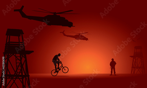 Soldier and biker with watchtower