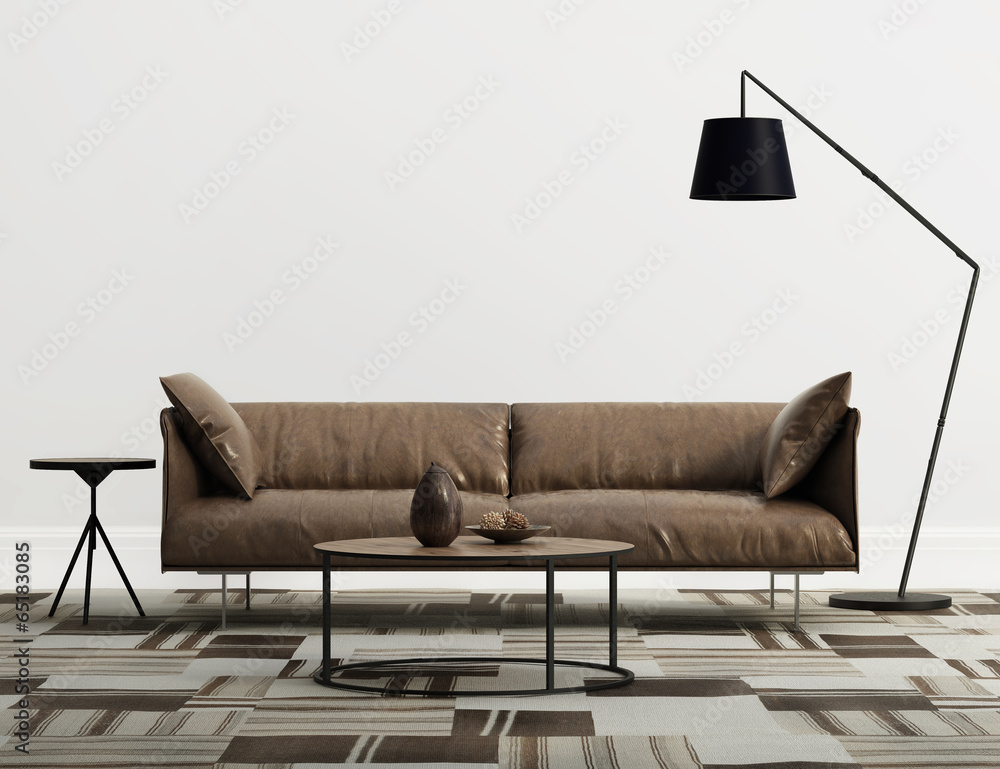 Minimal contemporary  interior with brown leather  sofa - obrazy, fototapety, plakaty 