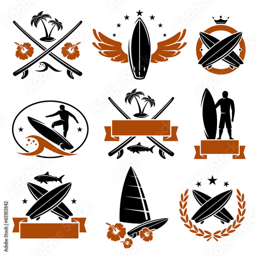 Surfing labels set. Vector