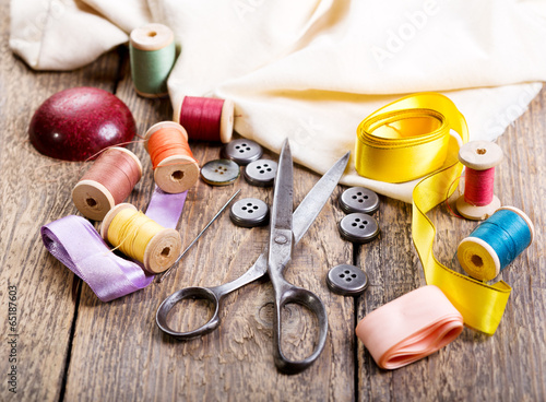 Old scissors, buttons, threads