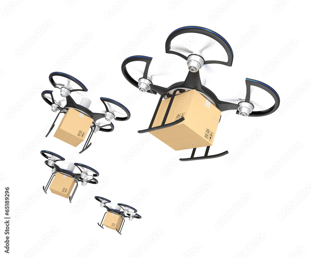 Air drone flying in line to delivery carton parcels - obrazy, fototapety, plakaty 