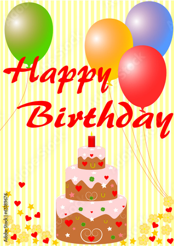 Happy Birthday mit Geburtstagstorte und Luftballons