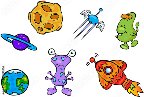 Set of space monsters, planets and rockets