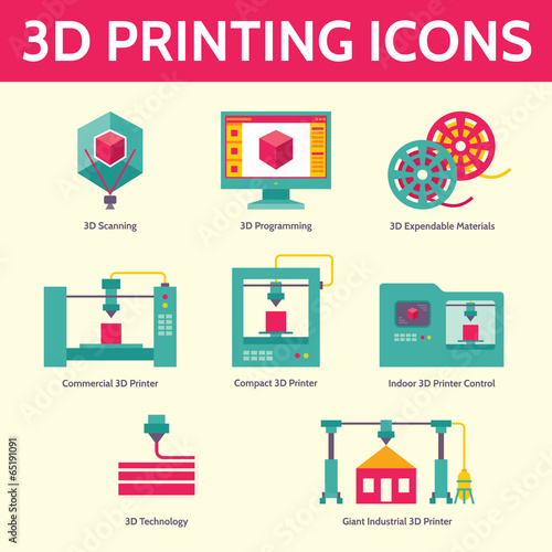 3D Printing Vector Icons in Flat Design Style