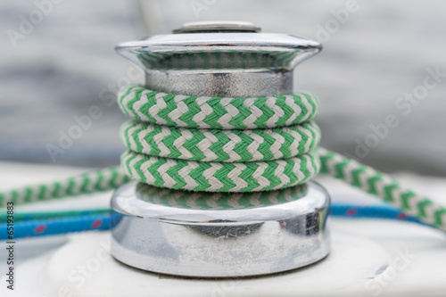 Sail yacht - winch, green and blue rope