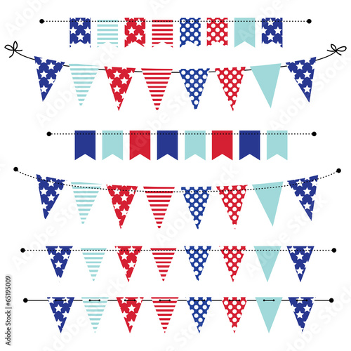 banner, bunting or flags in red white and blue patriotic colors