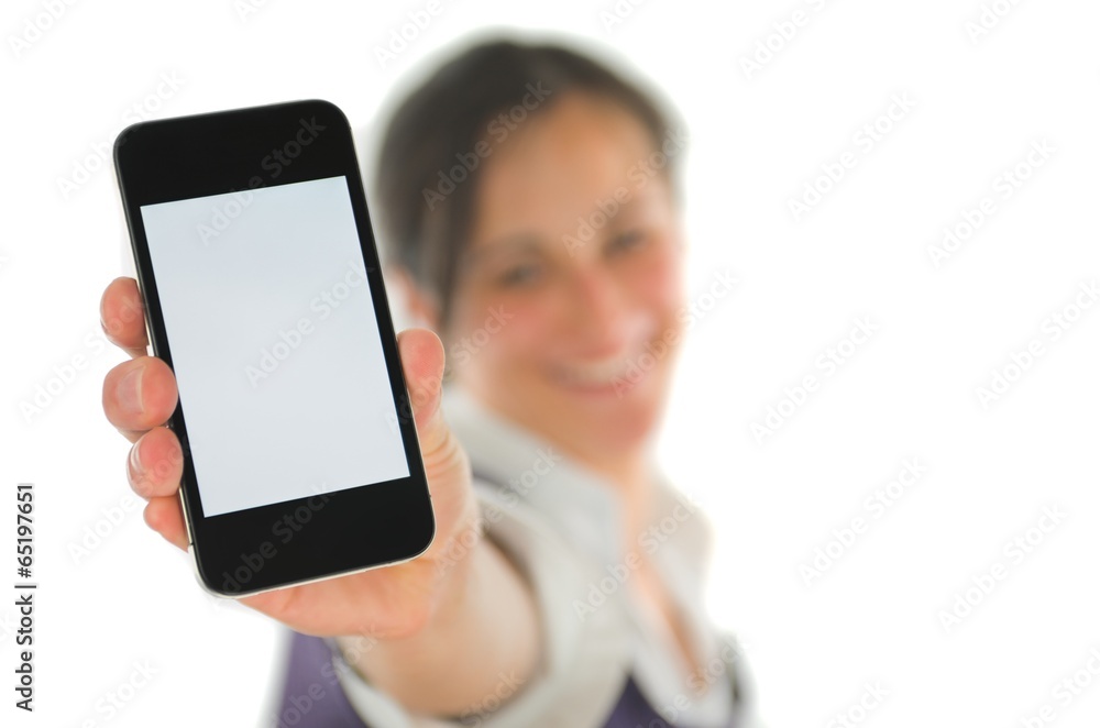 Frau präsentiert Mobiltelefon Frau präsentiert Mobiltelefon