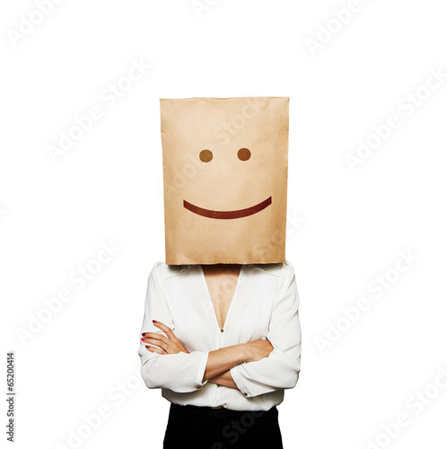 woman with bag on her head photo