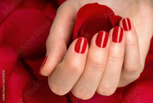 Canvas Print Beautiful female finger nails with red nail closeup on petals