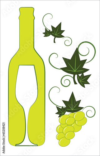 White wine bottle and glass with floral deco elements