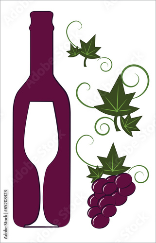 Red wine bottle and glass with floral deco elements