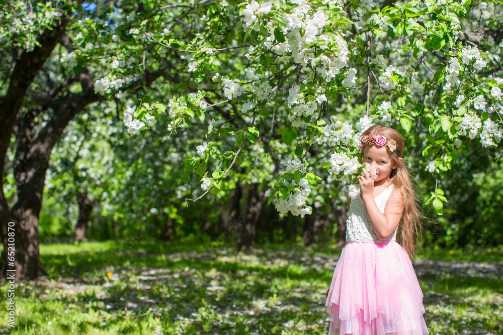 Adorable little girl in blossoming apple orchard at sunny day Adorable little girl in blossoming apple orchard at sunny day