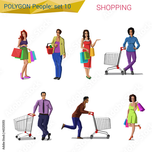 Polygon style people shopping set. Polygon world collection.