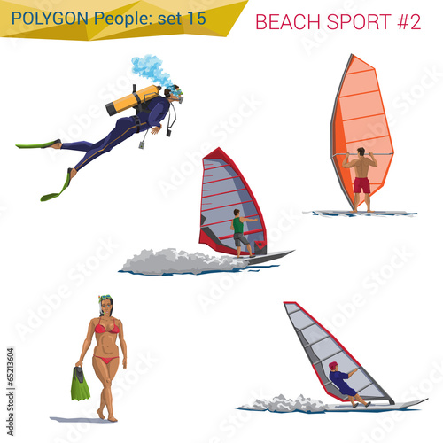 Polygonal style beach sports people walking set