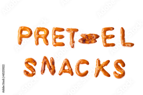 Alphabet pretzel written words PRETZEL SNACKS isolated