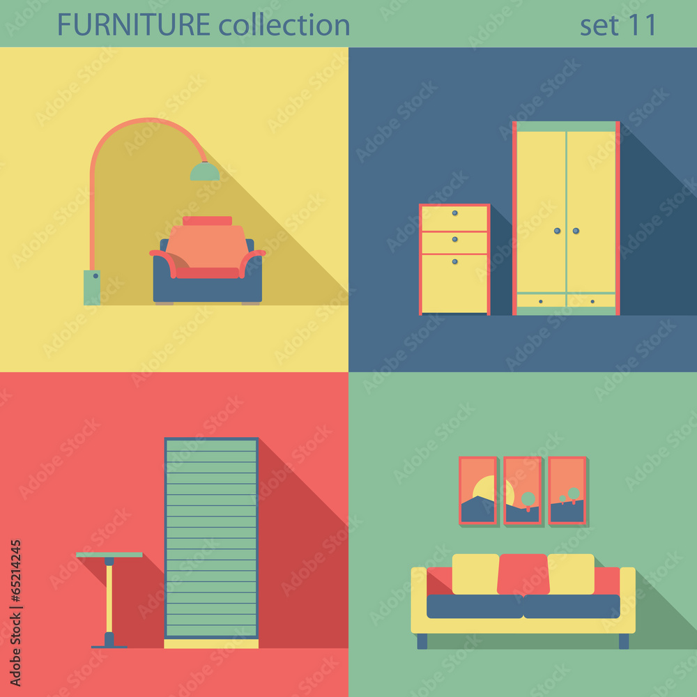 Fototapeta premium Creative design furniture icons set. Interior Long shadow style.