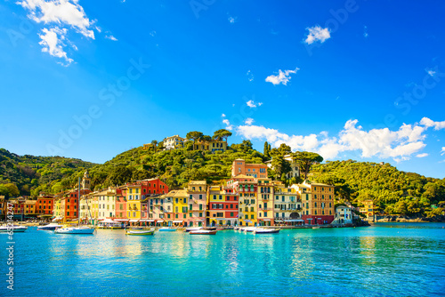 Fototapeta Portofino luxury village landmark, panorama view. Liguria, Italy