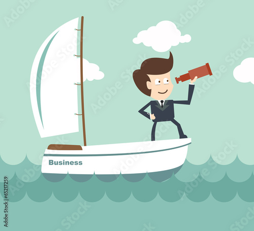 vision leadership - Businessman with a spyglass on a boat