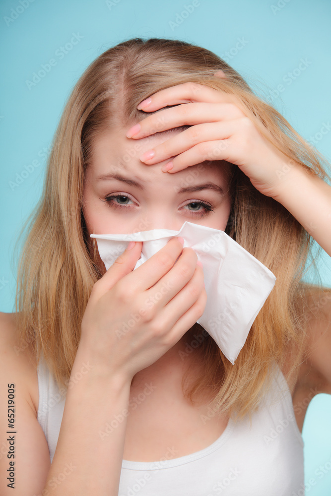 Flu allergy. Sick girl sneezing in tissue. Health Flu allergy. Sick girl sneezing in tissue. Health
