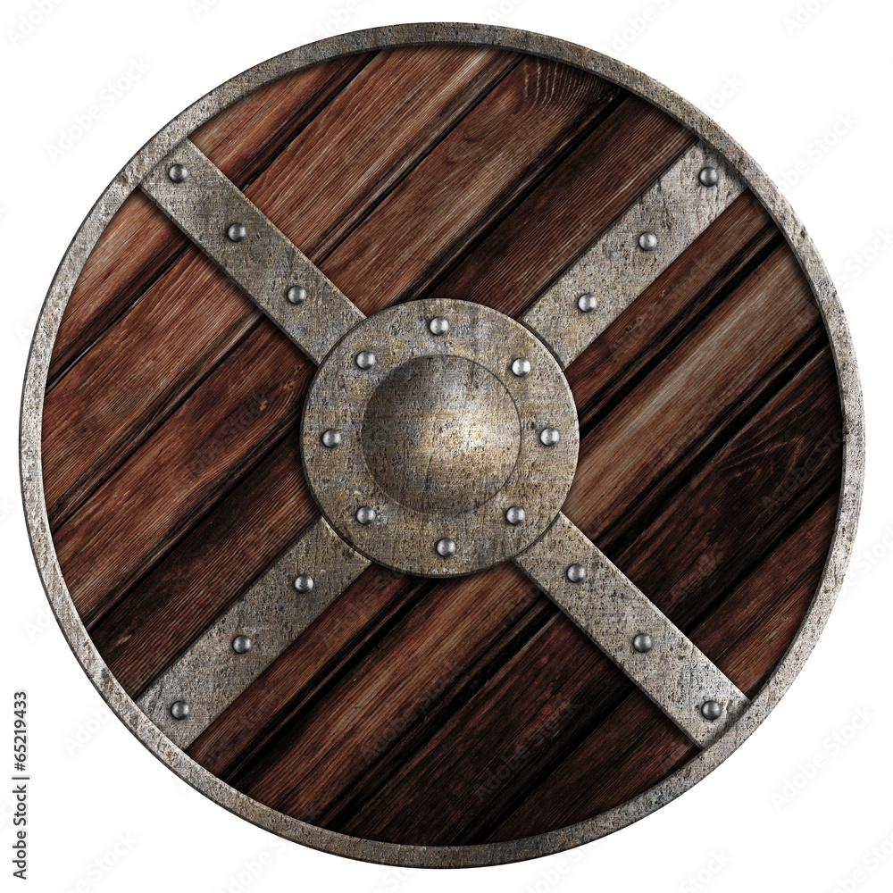 Medieval round wooden shield of vikings isolated on white