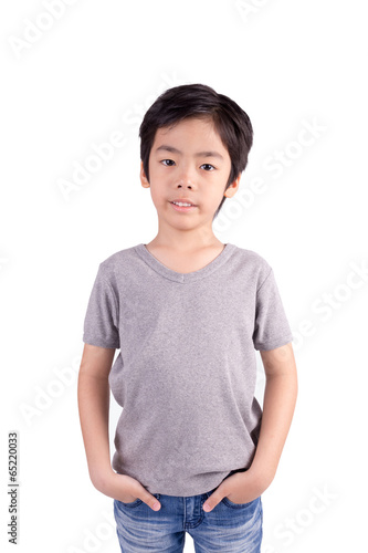 Grey T-shirt on a cute boy, isolated on white background