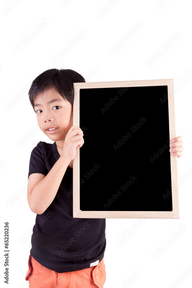 Smiling boy holding a blackboard over white background Smiling boy holding a blackboard over white background