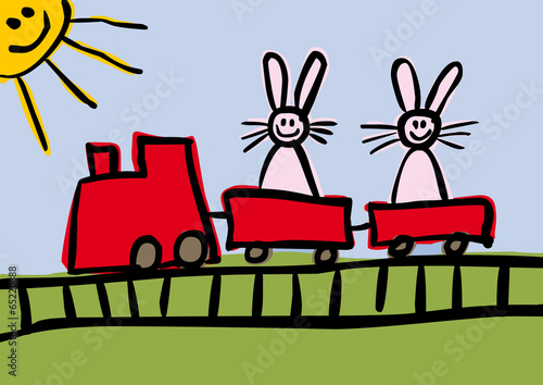 Bunte Kinderzeichnung: zwei Hasen fahren Eisenbahn