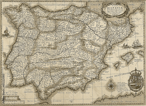 Photography Antique Spain and Portugal map in sepia tone
