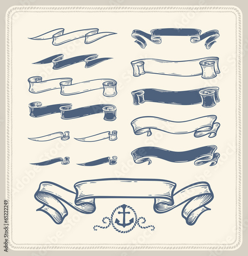 Set of vintage nautical ribbons over white background.