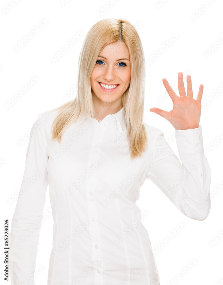 Portrait of happy smiling man showing five fingers Portrait of happy smiling man showing five fingers