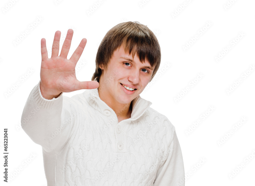 Portrait of happy smiling man showing five fingers Portrait of happy smiling man showing five fingers