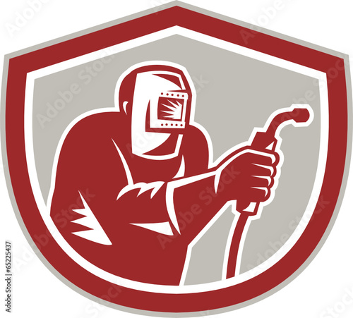 Welder Worker Holding Welding Torch Shield Retro