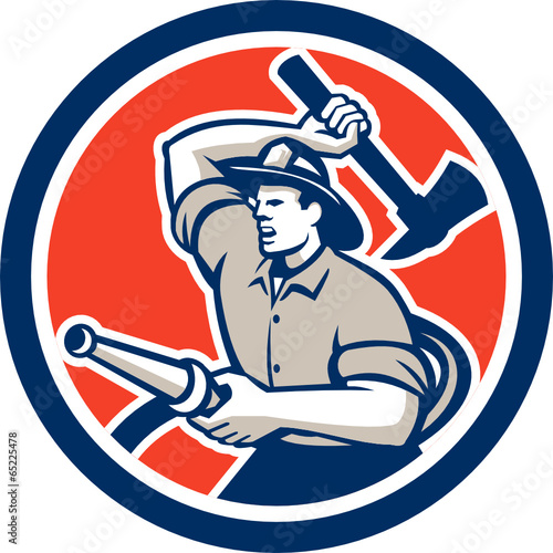 Fireman Firefighter Holding Hose Axe Circle Retro