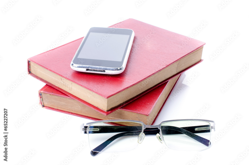 Smart phone and eye glasses with red book Smart phone and eye glasses with red book