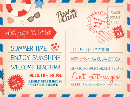 Vintage summer holiday postcard background template for invitati