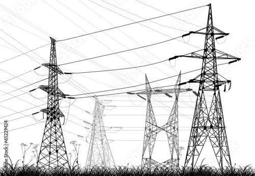 four electrical pylons in grass isolated on white