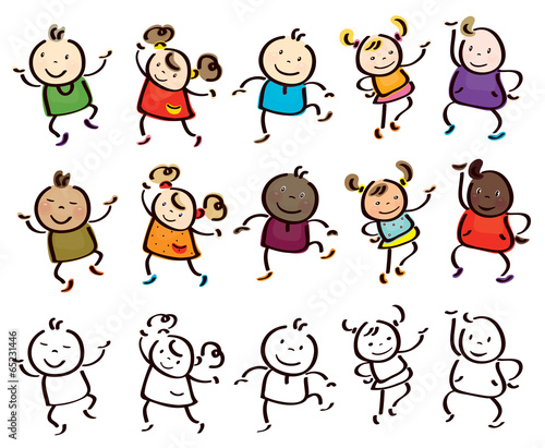 Vector fun, dancing  kids cartoons isolated.