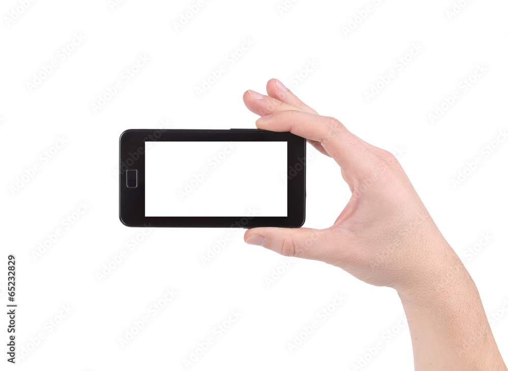 Hand holds cell phone with clipping path. Hand holds cell phone with clipping path.