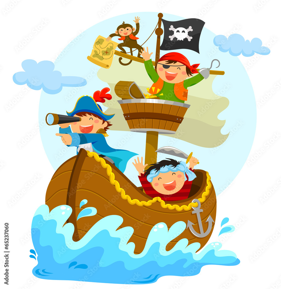 Naklejka premium szczęśliwych piratów pływających na ich statku