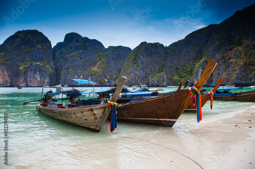 Tropical beach, longtail boats, Andaman Sea, Thailand