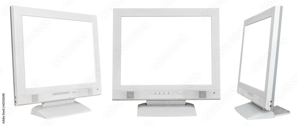set of grey computer displays with cutout screen