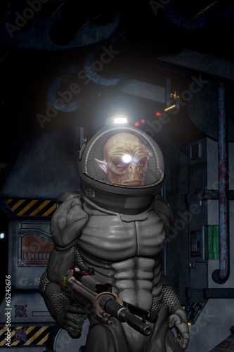 Fototapeta Naklejka Na Ścianę i Meble -  Alien warrior in spacesuit with gun