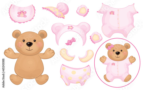 Vector cute  bear girl and baby clothing, dress up baby bear.