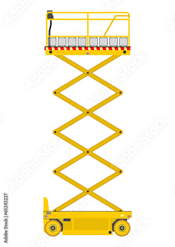 Yellow self propelled scissor lift in working position. Flat vector.